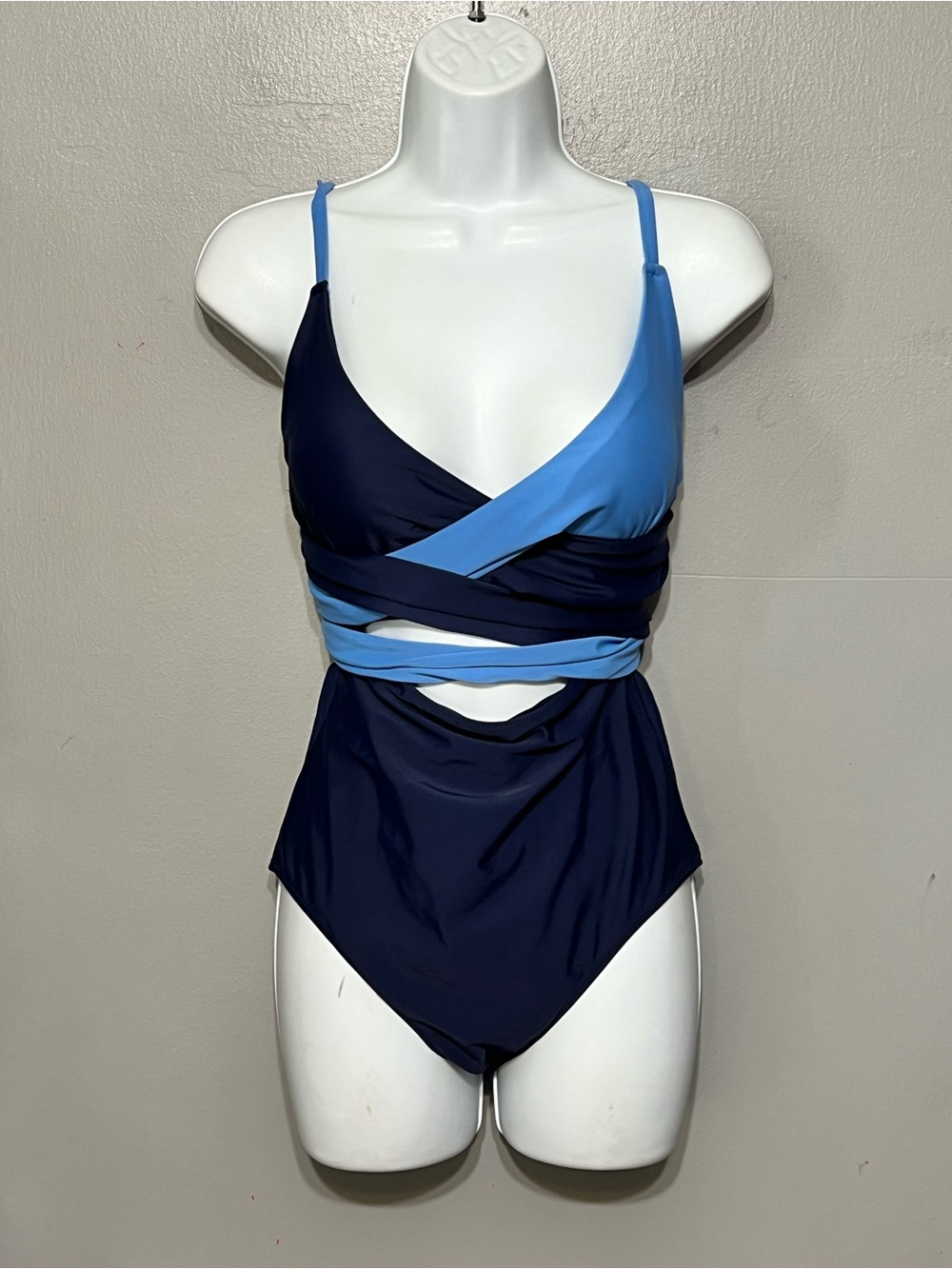 Aerie Wrap Full Coverage One Piece Swimsuit Color-block Navy Blue Large